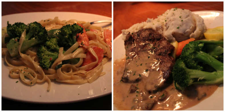 Walla, massa apimentada com vegetais: US$ 11,99 e Filet com champignon, purê de batatas e vegetais: US$ 15,99