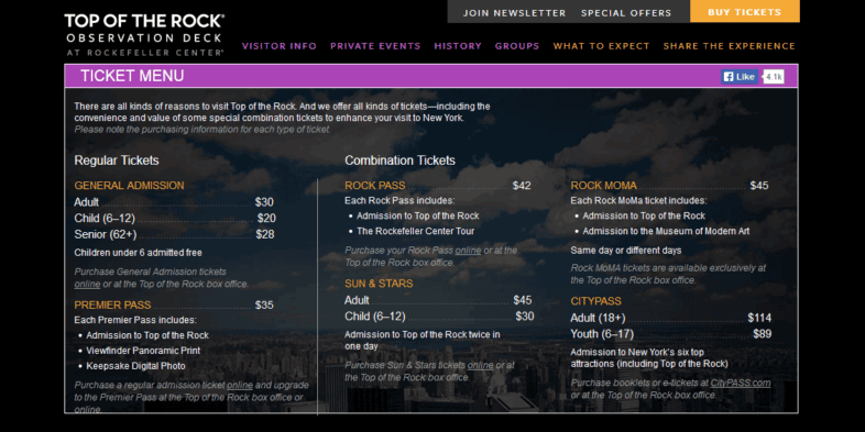 Menu de ingressos do Top of the Rock Menu de ingressos do Top of the Rock