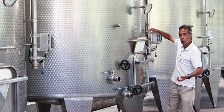 vinícola Undurraga - Nosso guia Germán em frente aos tonéis de aço inoxidável da vinícola Undurraga onde o vinho é fermentado vinícola Undurraga - Nosso guia Germán em frente aos tonéis de aço inoxidável da vinícola Undurraga onde o vinho é fermentado
